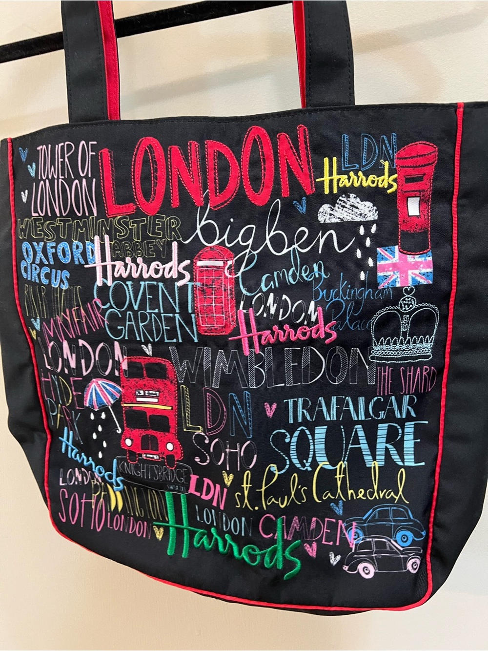 Harrods Black London Chalkboard-Style Tote with Multi-Color Accents